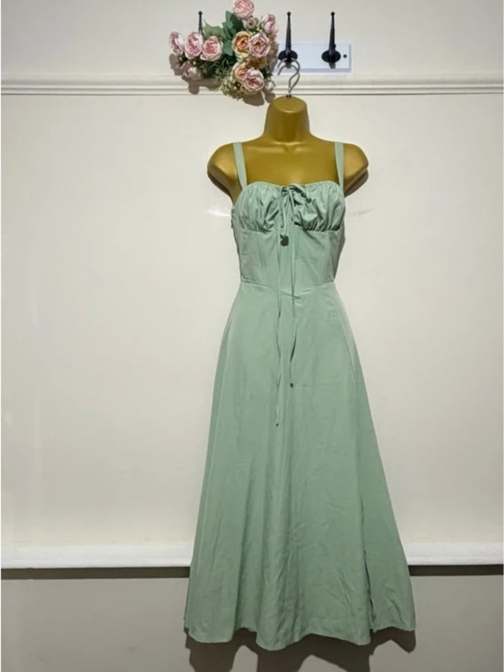 Sage Green Sleeveless Tie-Front Maxi Dress by